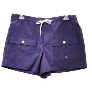 Tropical Escape Flap Pockets Swim Shorts Drawstring Elastic Waist Navy Womens 12